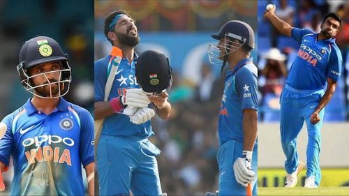 (L-R): Ajinkya Rahane, Yuvraj Singh and MS Dhoni were part of the Indian ODI team when Ravichandran Ashwin played his last ODI in 2017