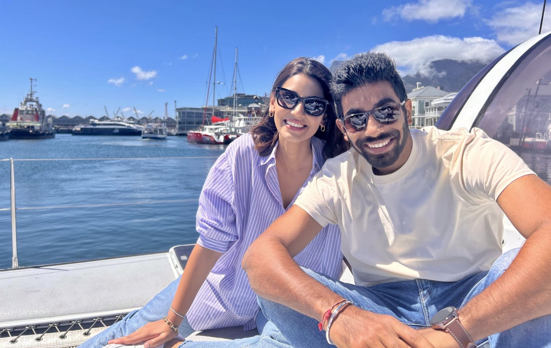 Jasprit Bumrah and Sanjana Ganesan had a fun time by the sea.