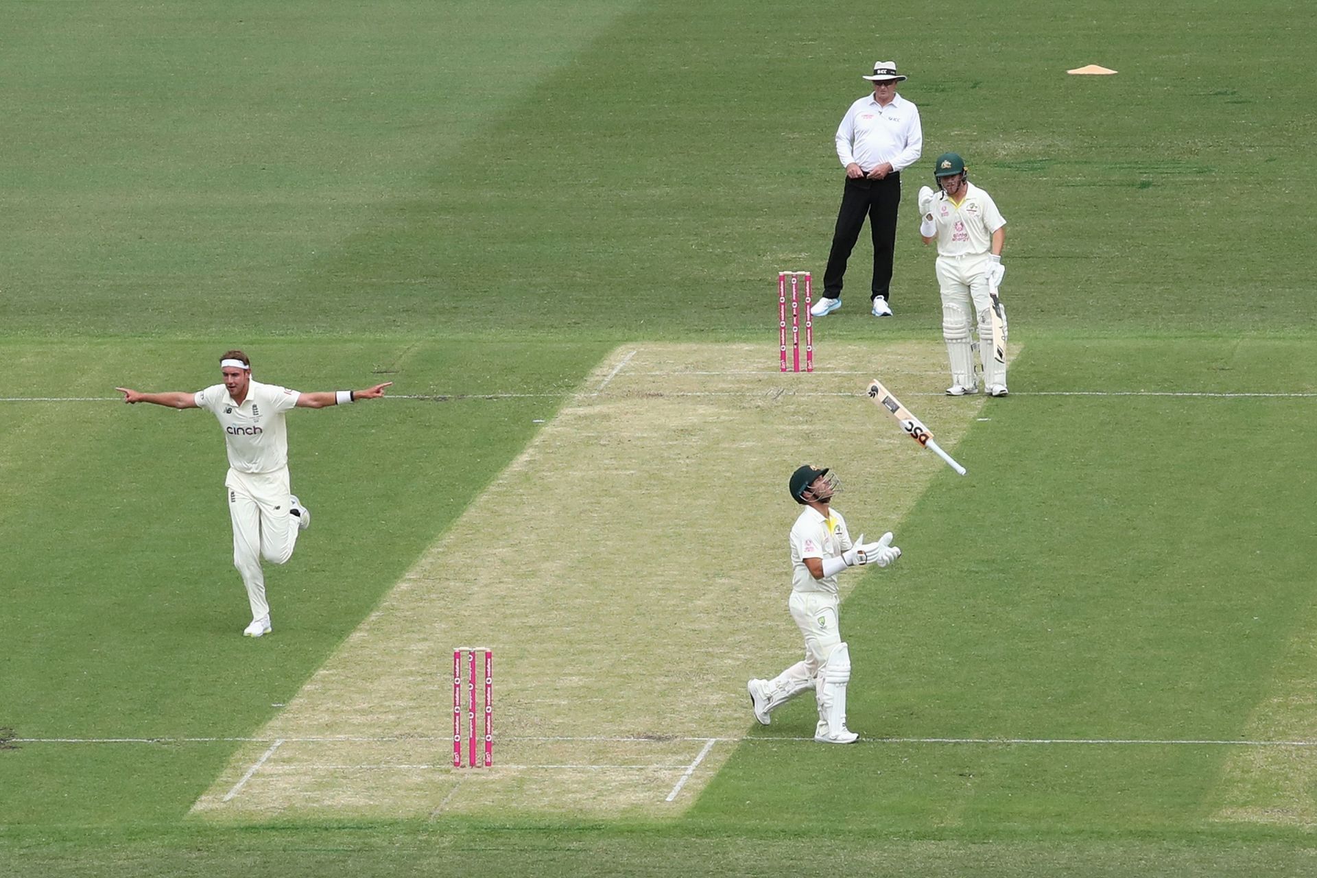 Stuart Broad celebrates after taking the wicket of David Warner. Pic: Getty Images