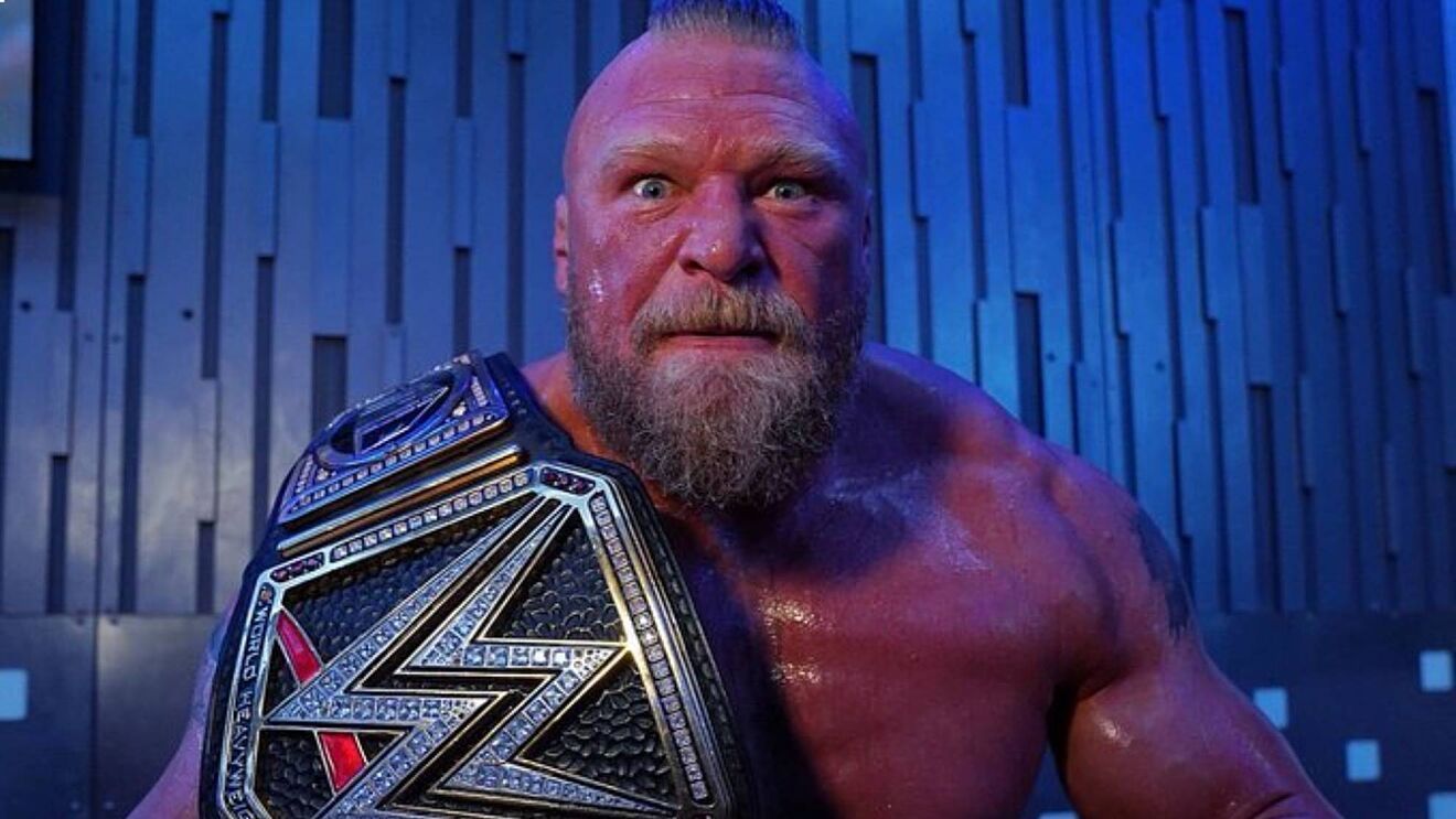 Brock Lesnar with the WWE title on his shoulder