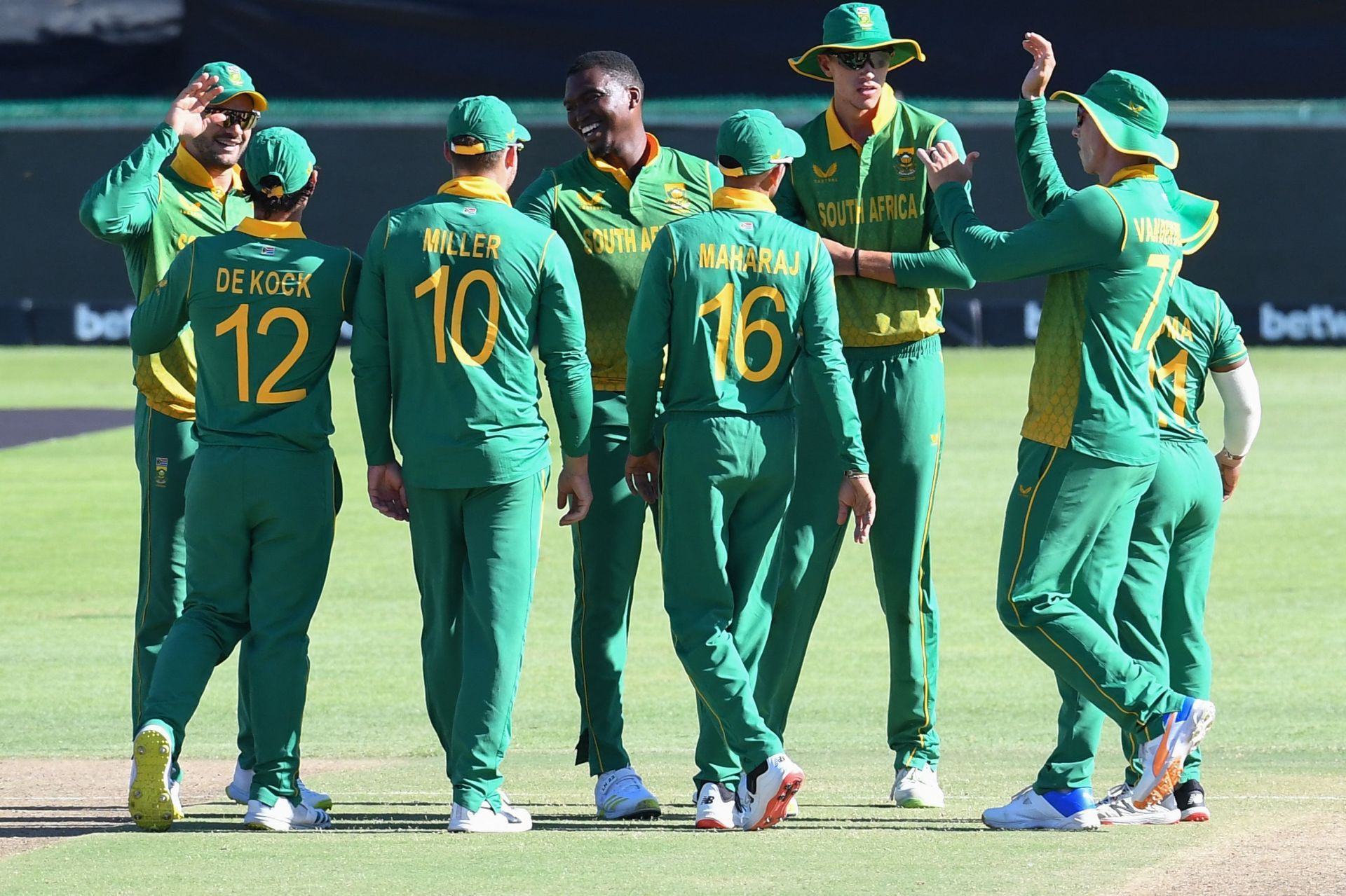 South Africa team celebrating after taking a wicket in the first ODI