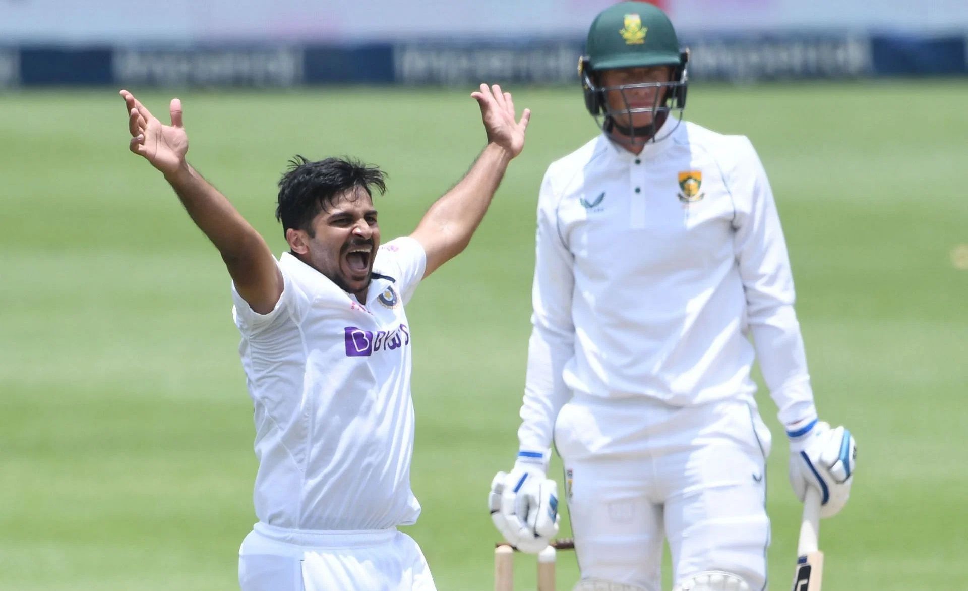 Shardul Thakur celebrates the wicket of Rassie van der Dussen in Johannesburg Test . Pic: Getty Images