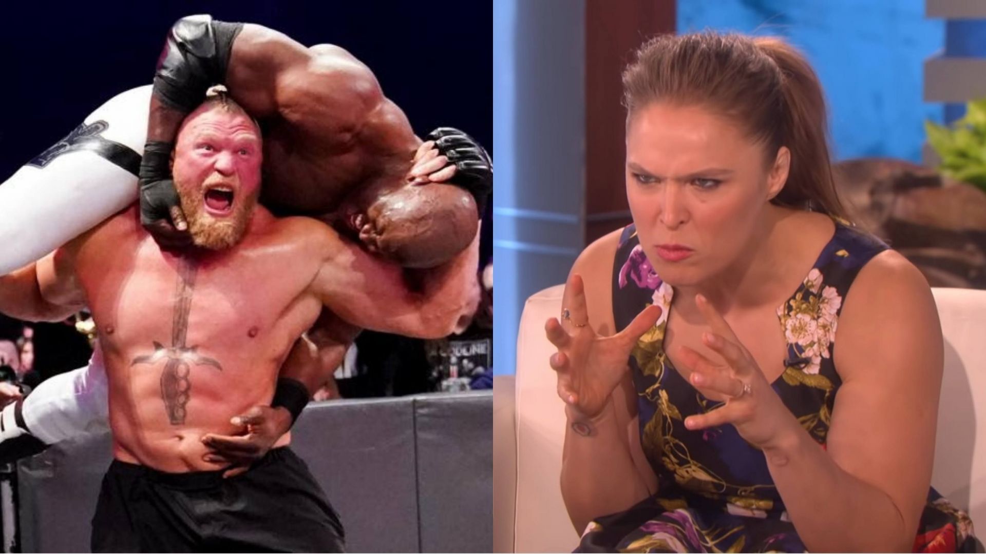 Brock Lesnar and Bobby Lashley (left); Ronda Rousey (right)