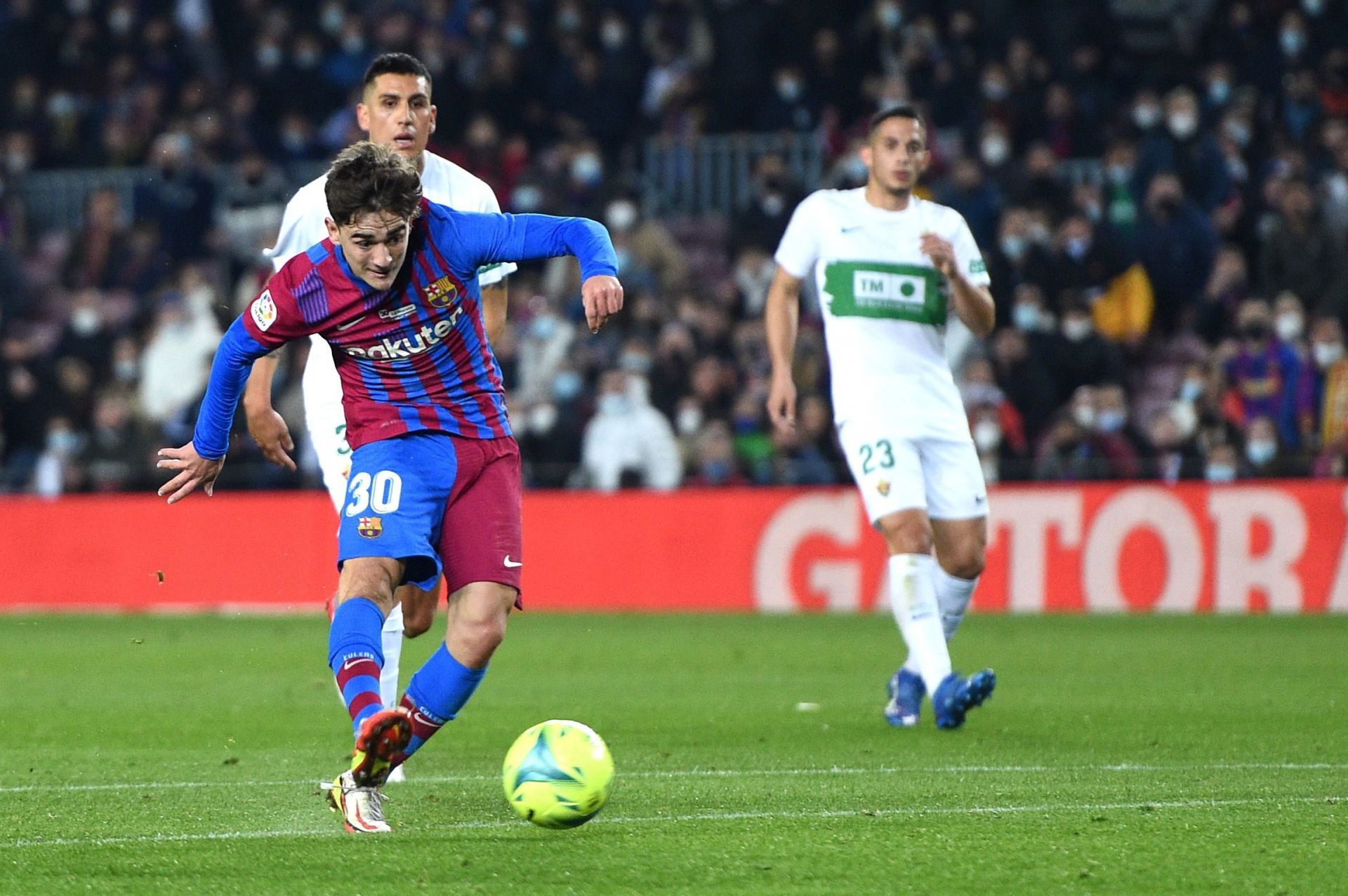 Gavi in action for FC Barcelona v Elche CF - La Liga Santander