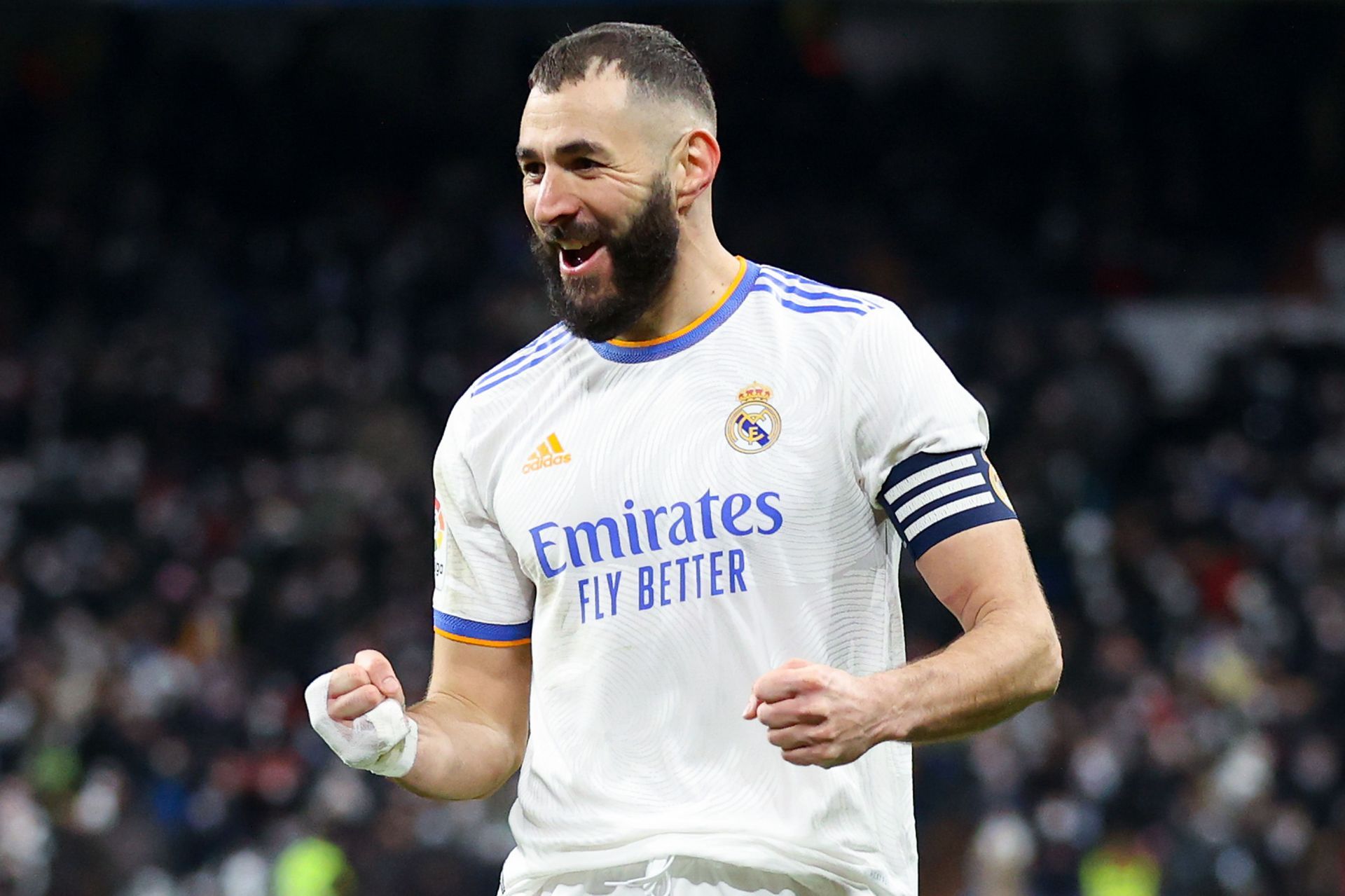 Karim Benzema celebrates after scoring a goal..