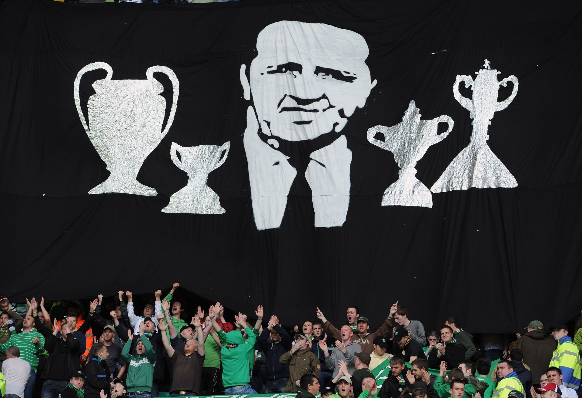 Celtic FC fans serenade Jock Stein ahead of a game.