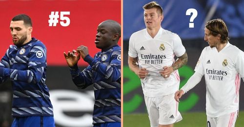 Mateo Kovacic and N'Golo Kante of Chelsea and Toni Kroos and Luka Modric of Real Madrid