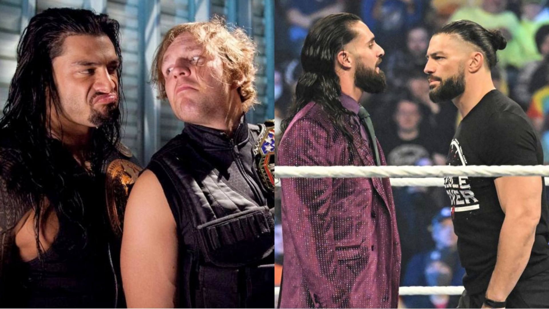 Roman Reigns and Dean Ambrose (left); Seth Rollins and Reigns (right)