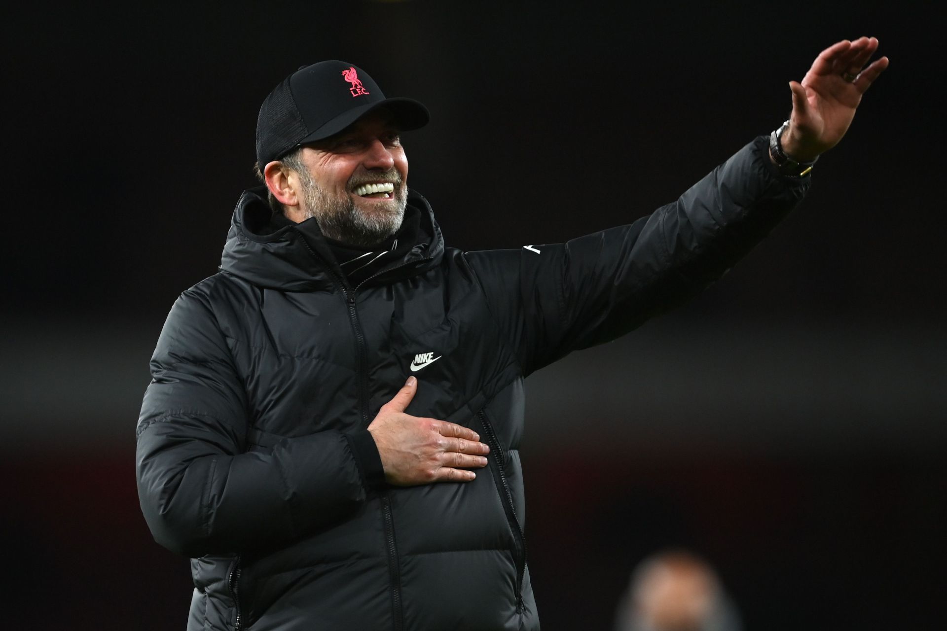 Jurgen Klopp acknowledges the travelling Liverpool supporters after the game.