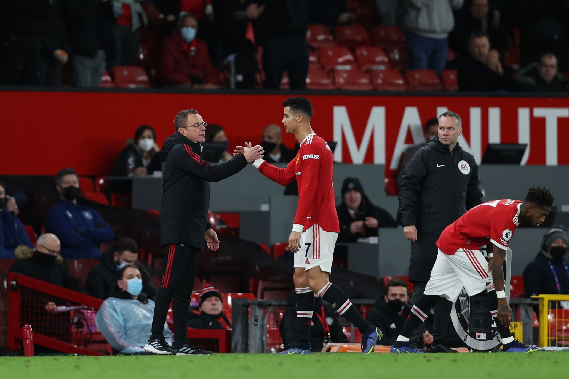 Manchester United boss Ralf Rangnick and Cristiano Ronaldo (right) at Old Trafford