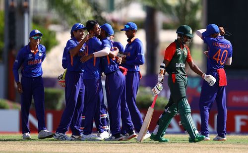 India celebrate a wicket during their quarter-final against Bangladesh in the U19 World Cup 2022. Pic: BCCI