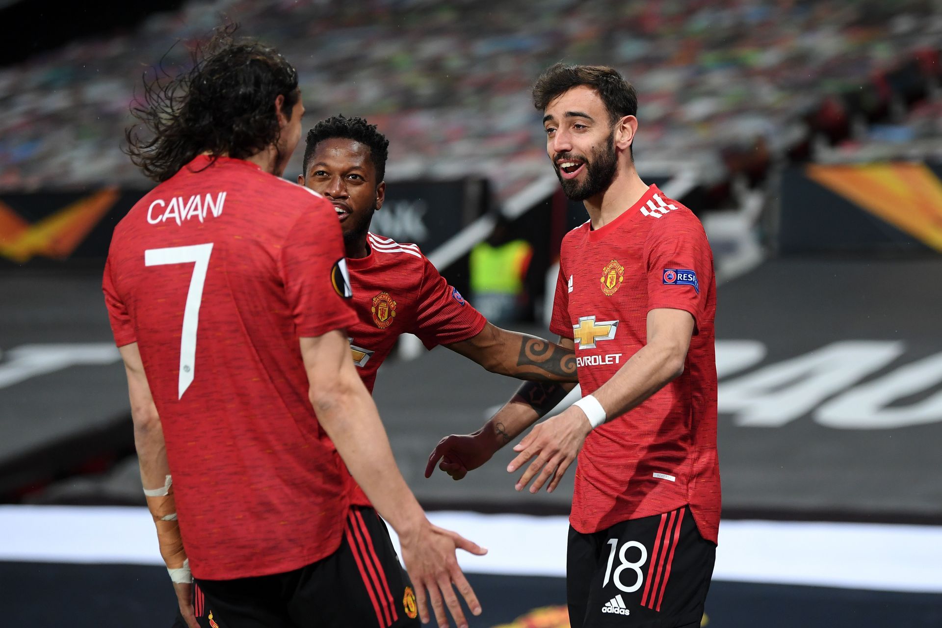 Edinson Cavani (#7), Fred (centre) and Bruno Fernandes (#18) are among the few Manchester United stars with a high work rate.
