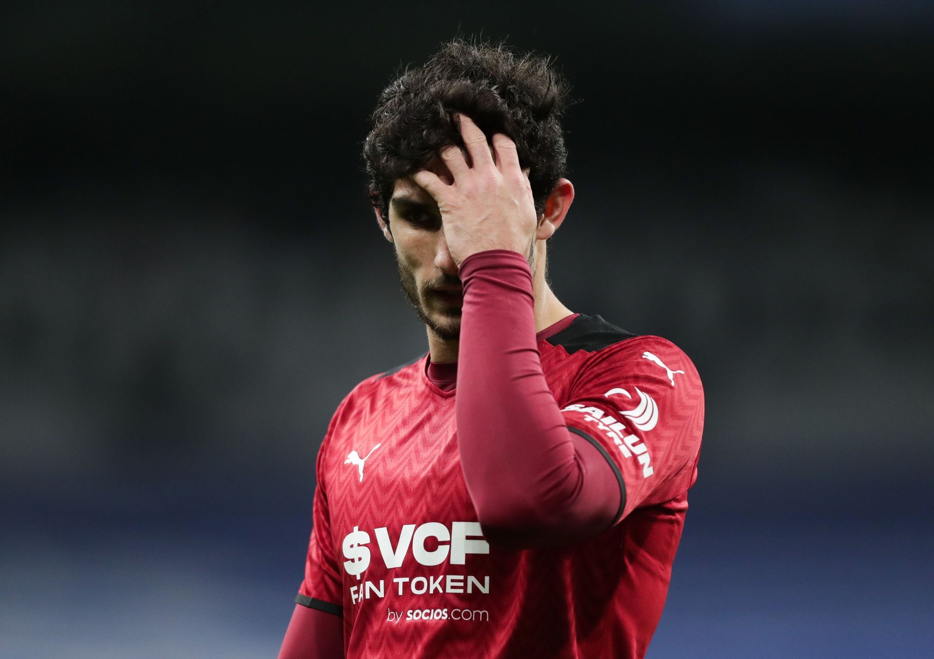 Goncalo Guedes looks dejected after Valencia&#039;s loss against Real Madrid.