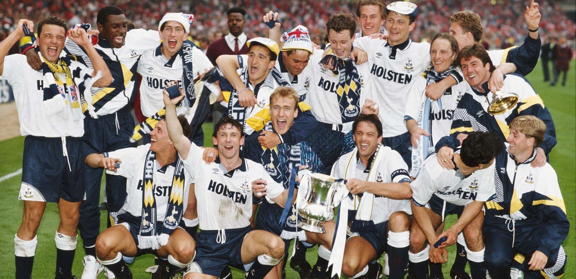 Gary Lineker and his teammates celebrate Spurs' FA Cup triumph in 1991.