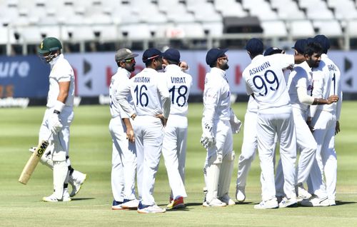 India celebrates the wicket of Aiden Markram