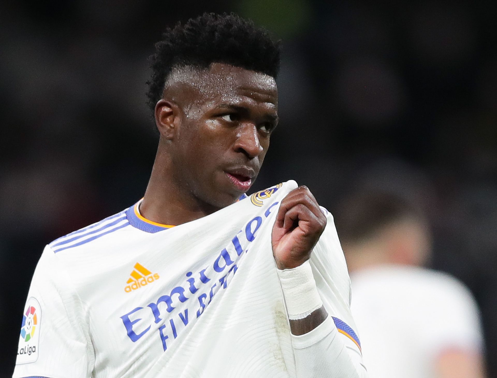 Vinicius celebrates after scoring against Valencia after returning from a short layoff.