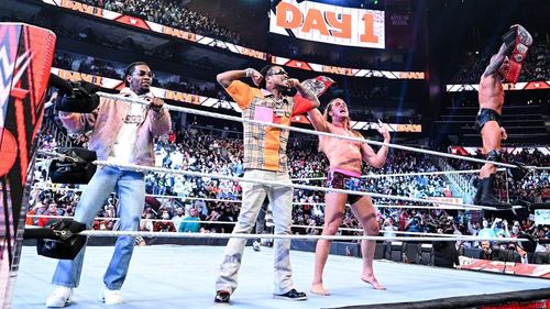 RK-Bro and Migos celebrate with the WWE Universe after the former retained their RAW Tag Team Titles