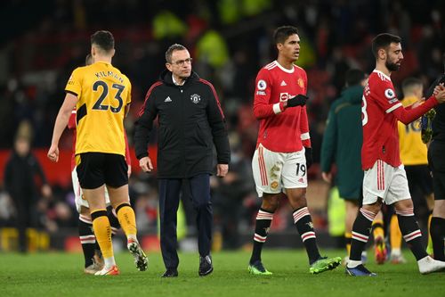 Manchester United interim manager Ralf Rangnick (second left)