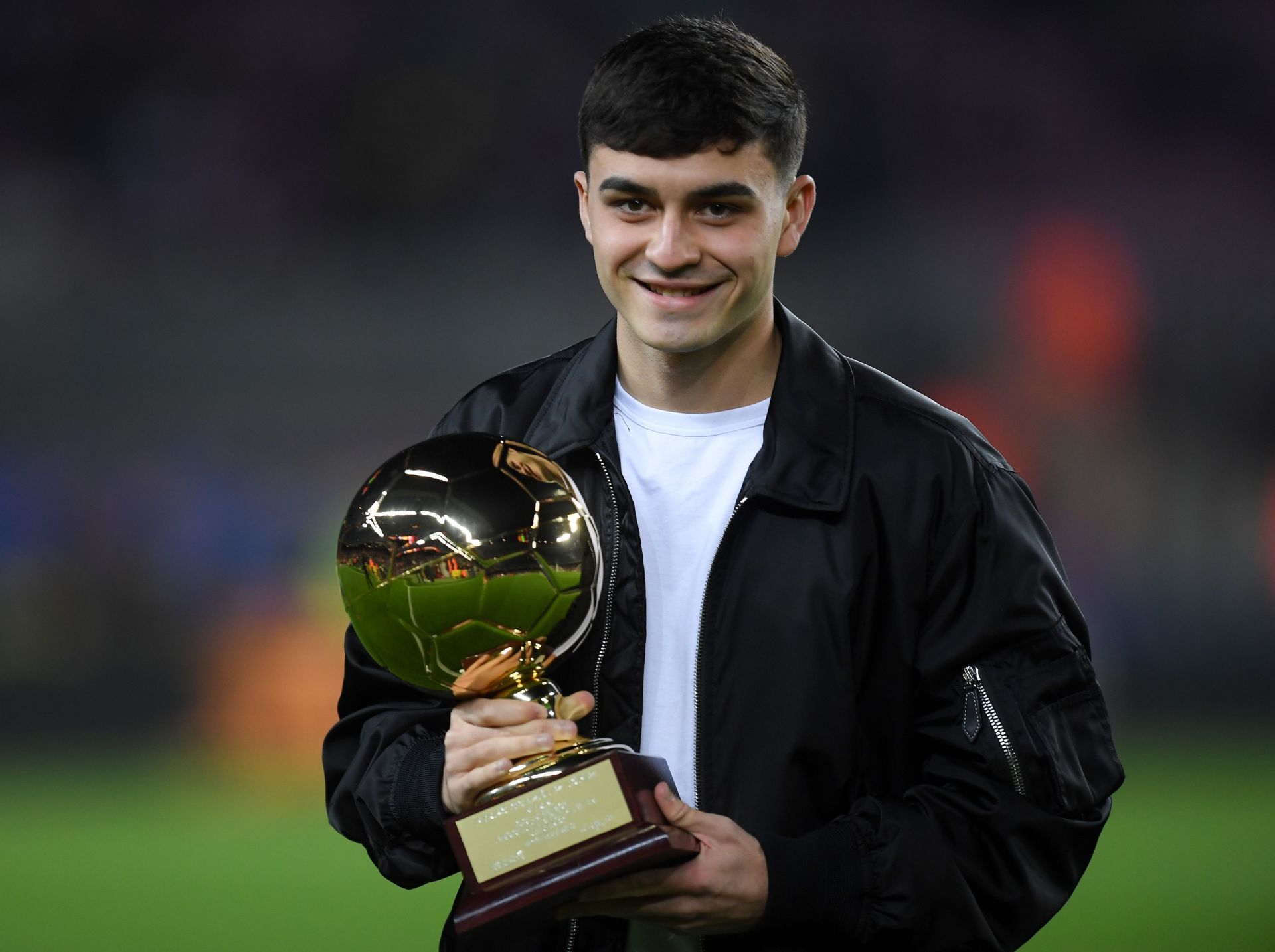 Pedri of FC Barcelona poses with the Golden Boy 2021 award