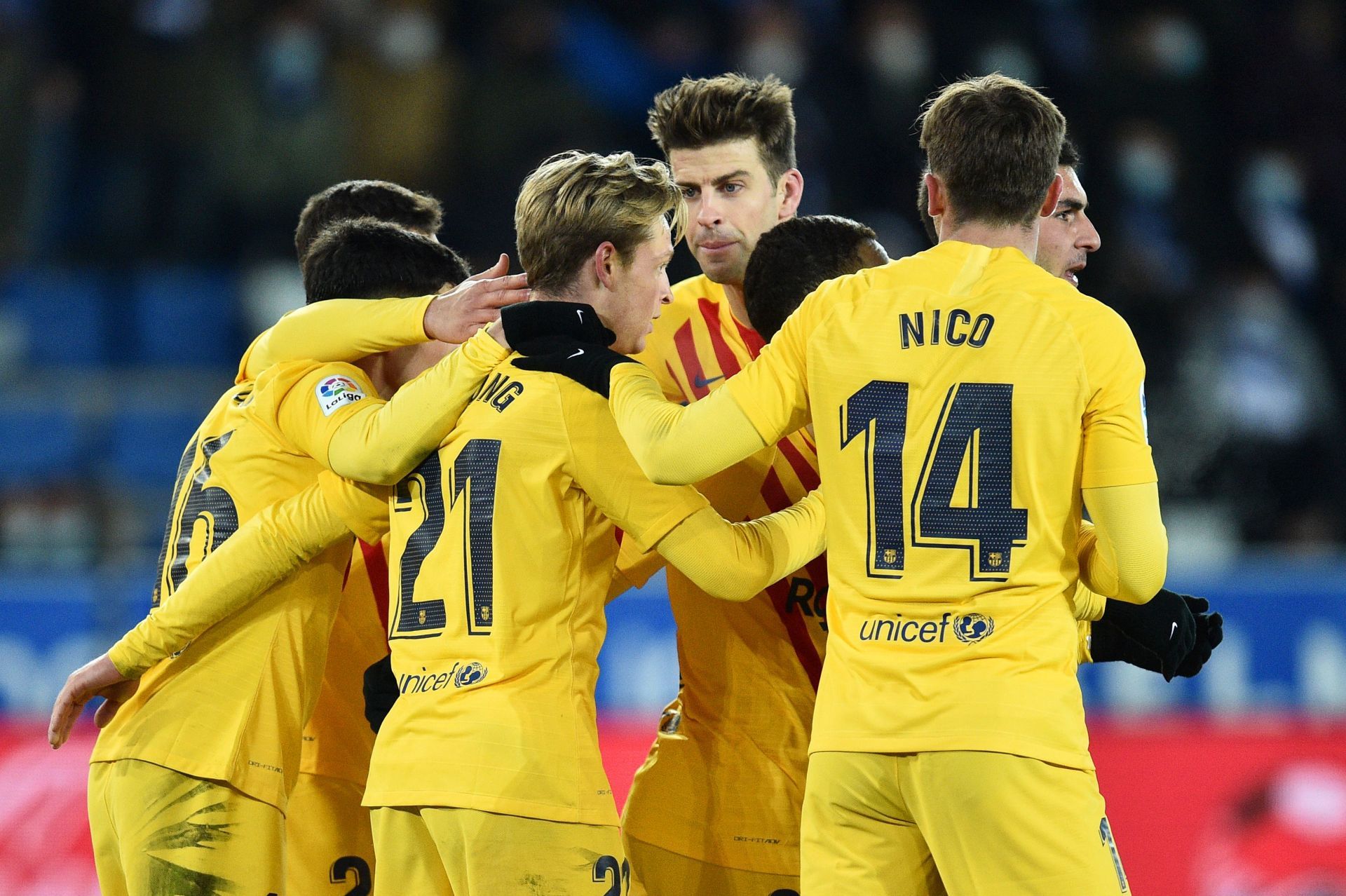 Barcelona&#039;s Frenkie de Jong celebrates after scoring the winner.