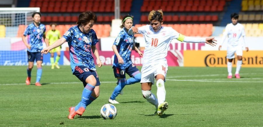 Myanmar seldom managed to get the ball in Japan&#039;s half throughout their AFC Women&#039;s Asian Cup clash. (Image: AFC)