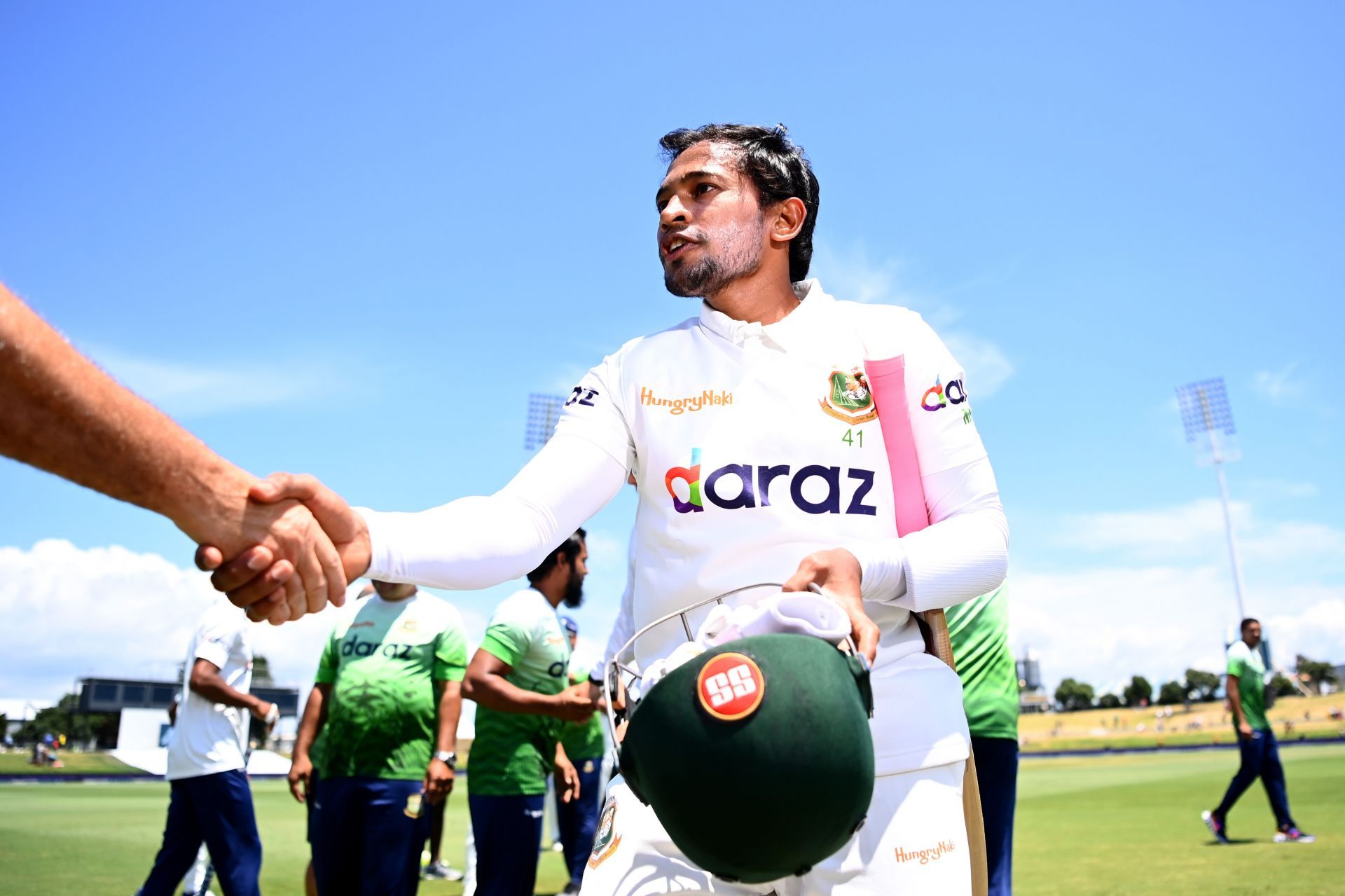 Mushfiqur Rahim celebrates after hitting the winning runs for Bangladesh.