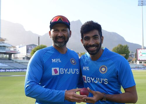 Paras Mhambrey (left) with Jasprit Bumrah. Pic: BCCI