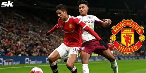 Raphael Varane reacts to their win over Aston Villa in the FA Cup.