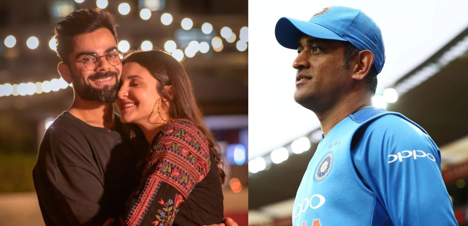 (Left) Virat Kohli and Anushka Sharma; (Right) MS Dhoni