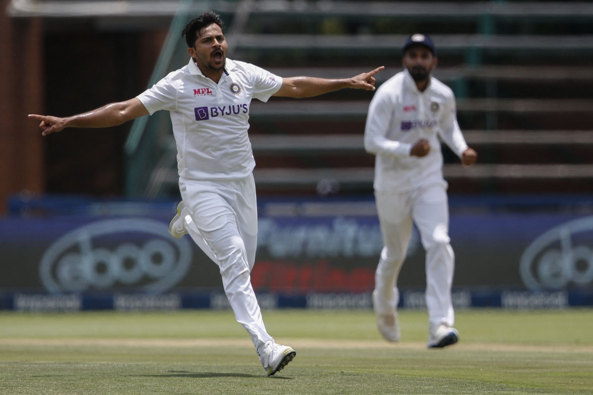 Shardul Thakur celebrates a wicket on Day 2 of the Johannesburg Test. Pic: ICC