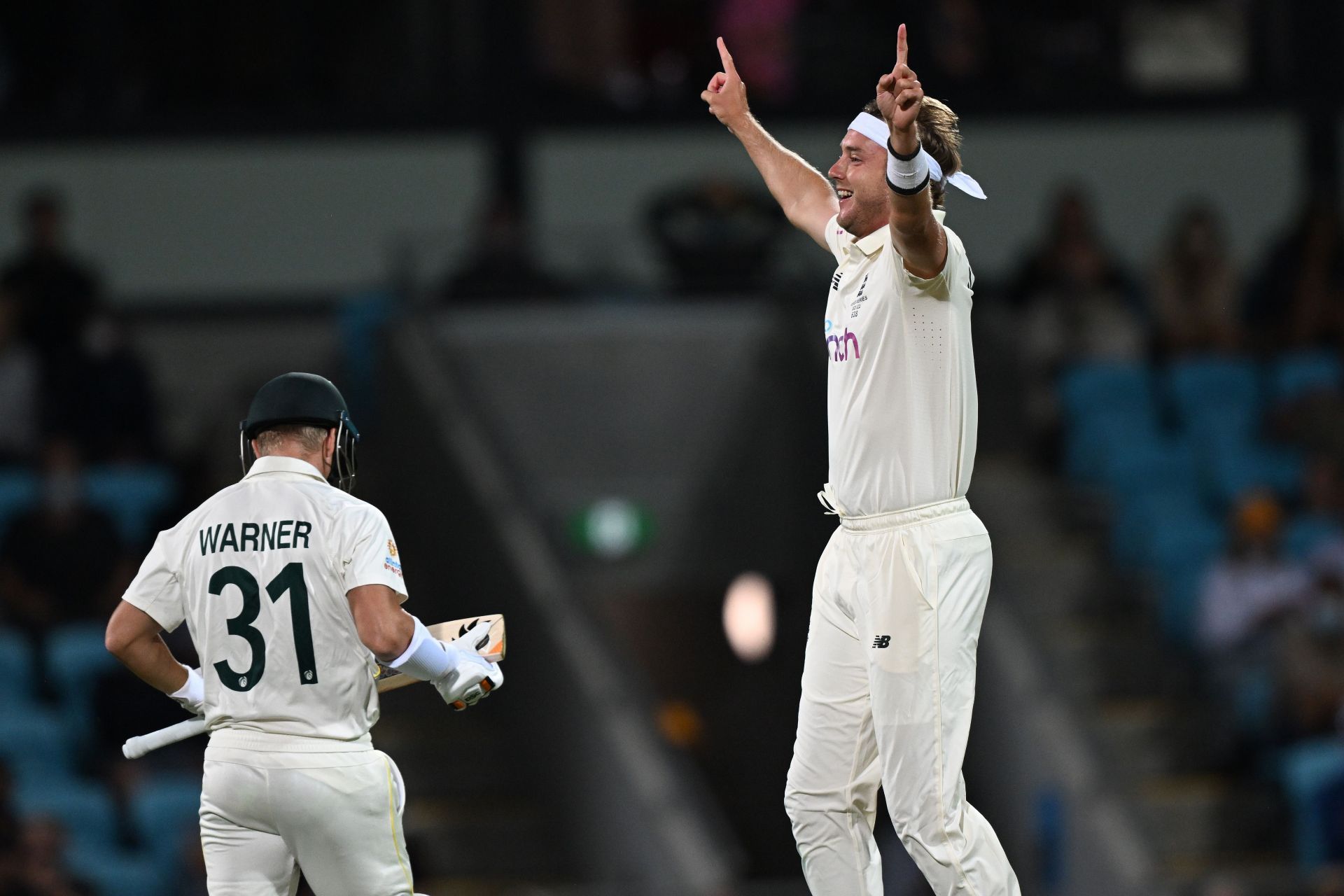 Stuart Broad celebrates the wicket of David Warner. Pic: Getty Images