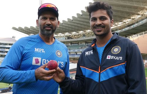 Bowling coach Paras Mhambrey (left) and Shardul Thakur. Pic: BCCI