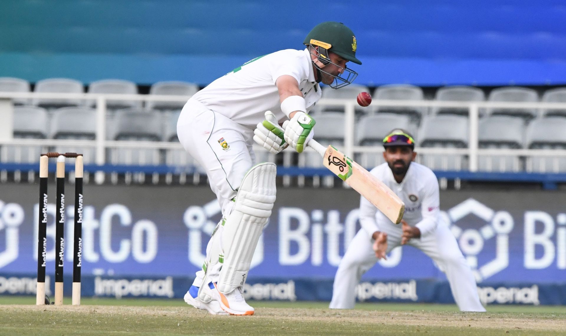 Dean Elgar gets into an awkward position. Pic: Getty Images