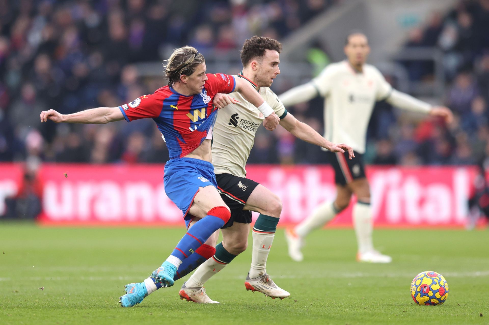 Connor Gallagher {L} in action for Crystal Palace during a Premier League clash with Liverpool this term