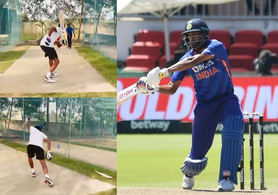 (Left) Ravichandran Ashwin bats one-handed during practice; (Right) The cricketer during the South Africa ODIs.