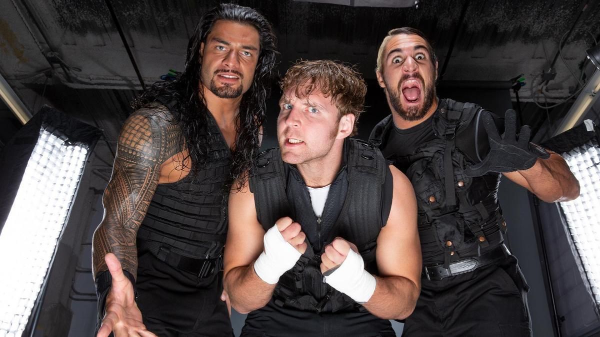 Roman Reigns (left), Dean Ambrose (middle), and Seth Rollins (right)