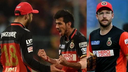 Virat Kohli, Yuzvendra Chahal, and Daniel Vettori (from left to right).