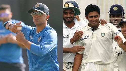 Rahul Dravid (L) commemorates Anil Kumble's achievement by bowling in the nets.