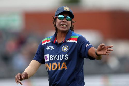 Jhulan Goswami reacts during a match.