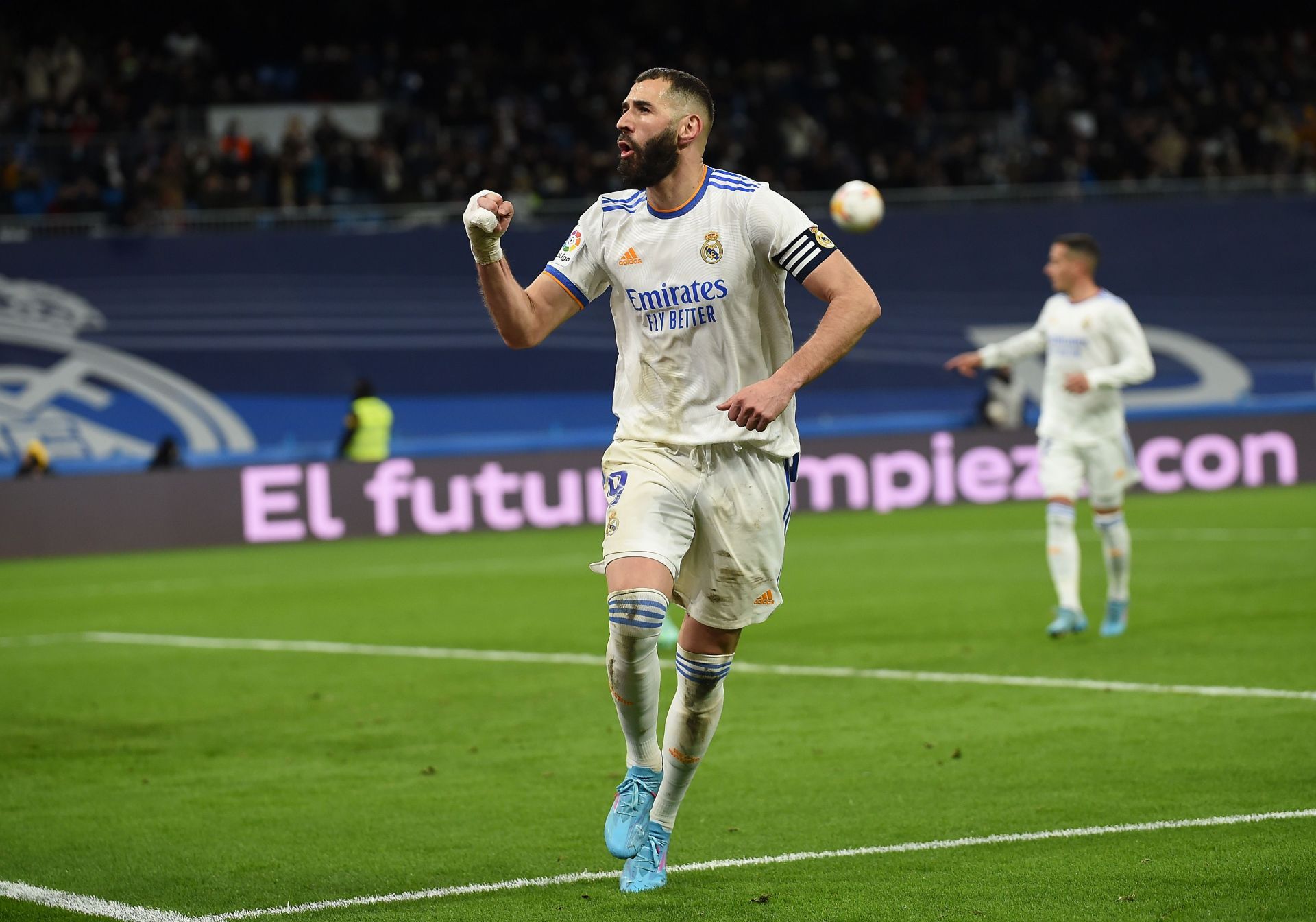 Karim Benzema rejoices after scoring.