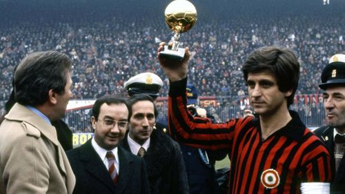 Giovanni "Gianni" Rivera lifting the Balon d'Or