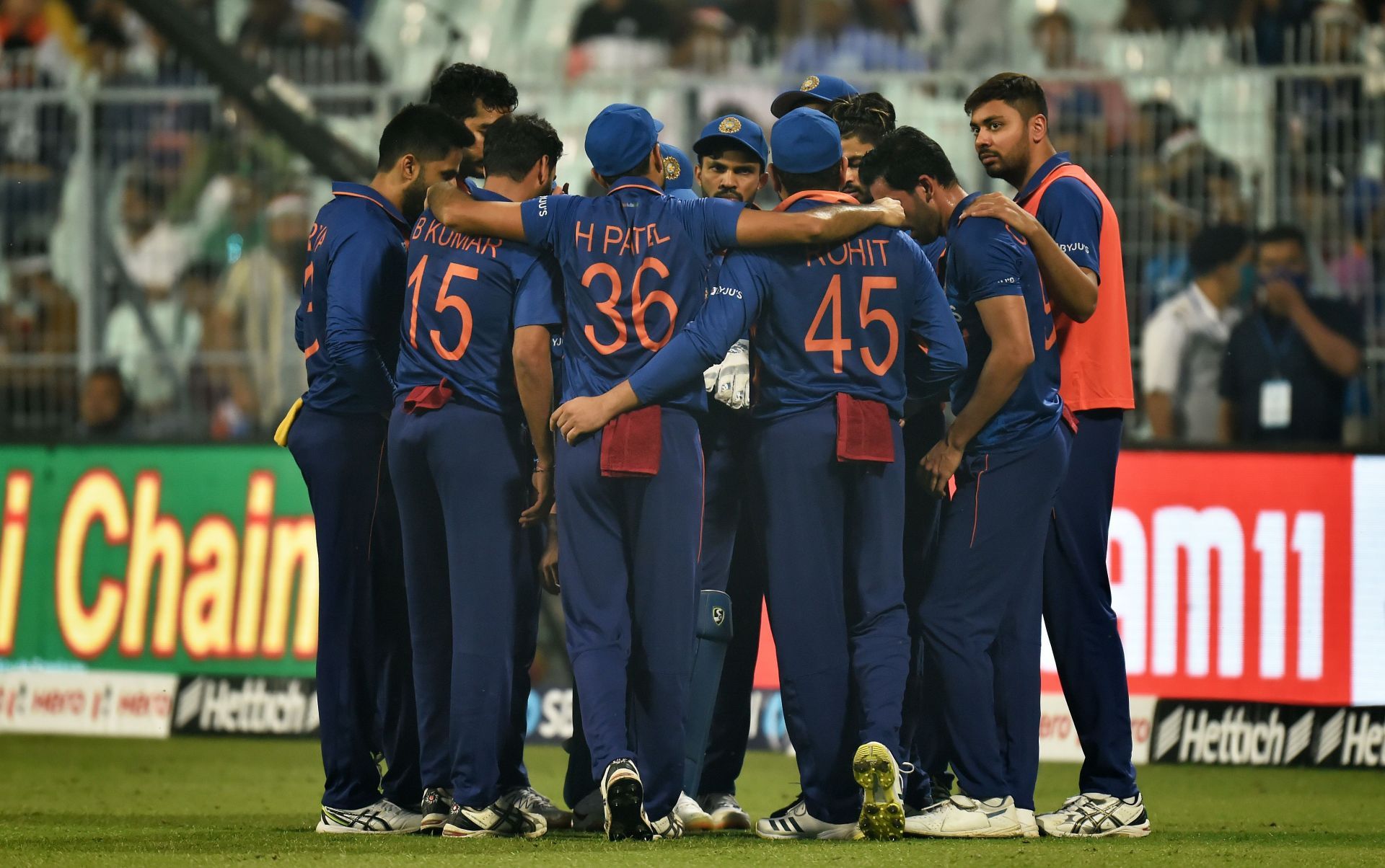 Team India in a huddle. Pic: Getty Images