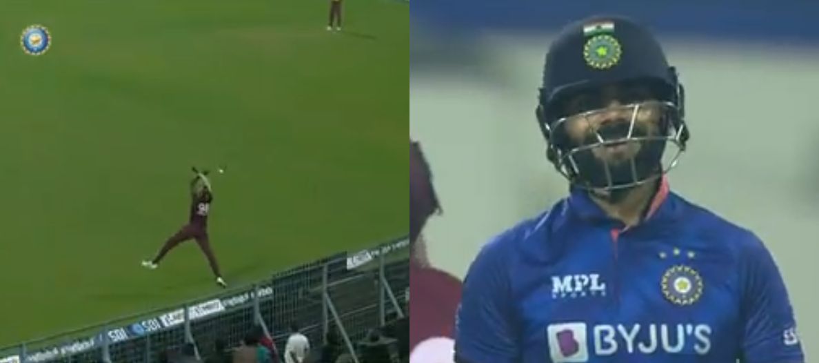 Virat Kohli (right) reacts after being dropped by Jason Holder (left). Pics: BCCI
