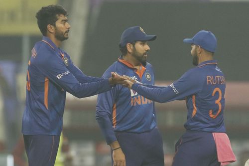 Venkatesh Iyer (left) celebrates a wicket. Pic: BCCI