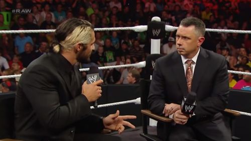 Seth Rollins (left); Michael Cole (right)