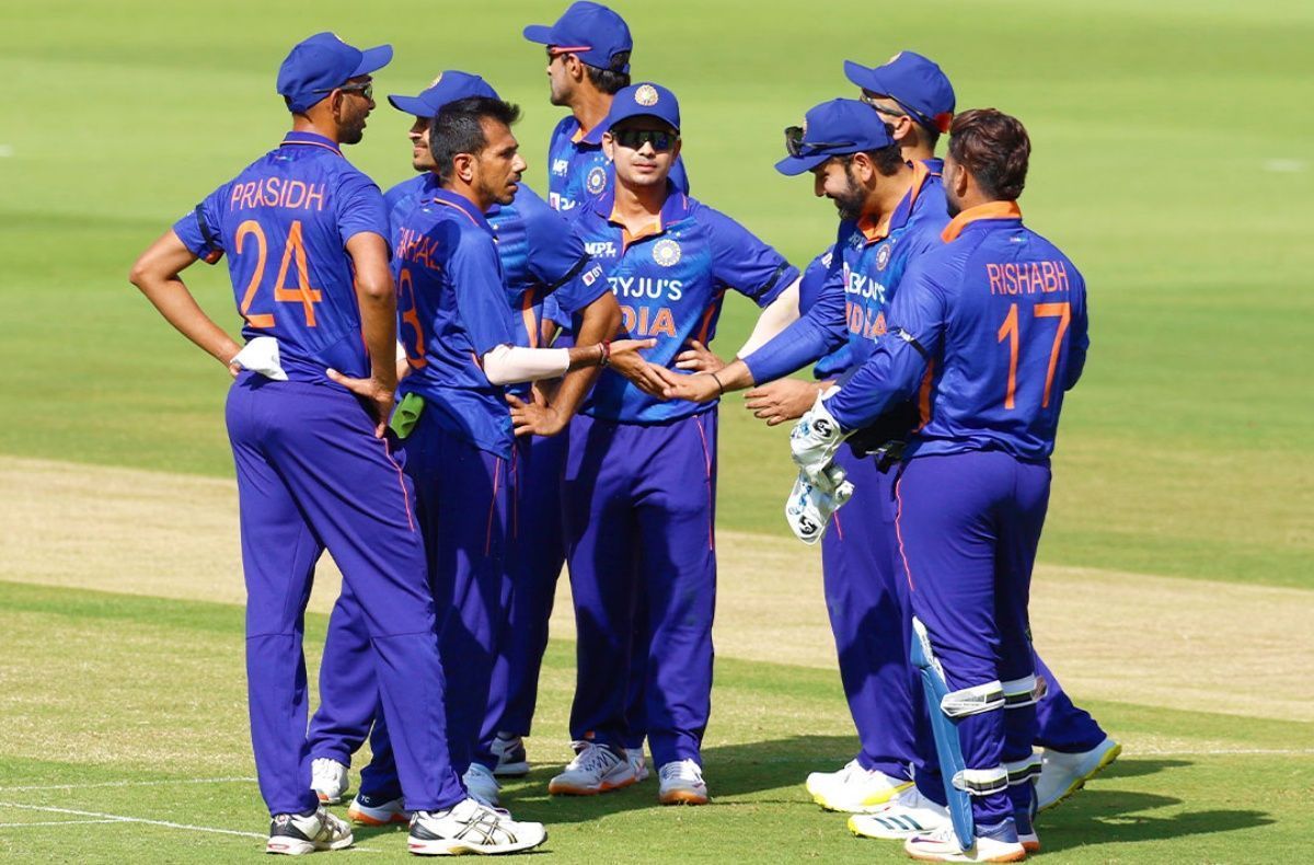 Team India during the 1st ODI against the Windies. Pic: BCCI