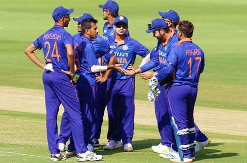 Team India during the 1st ODI against the Windies. Pic: BCCI