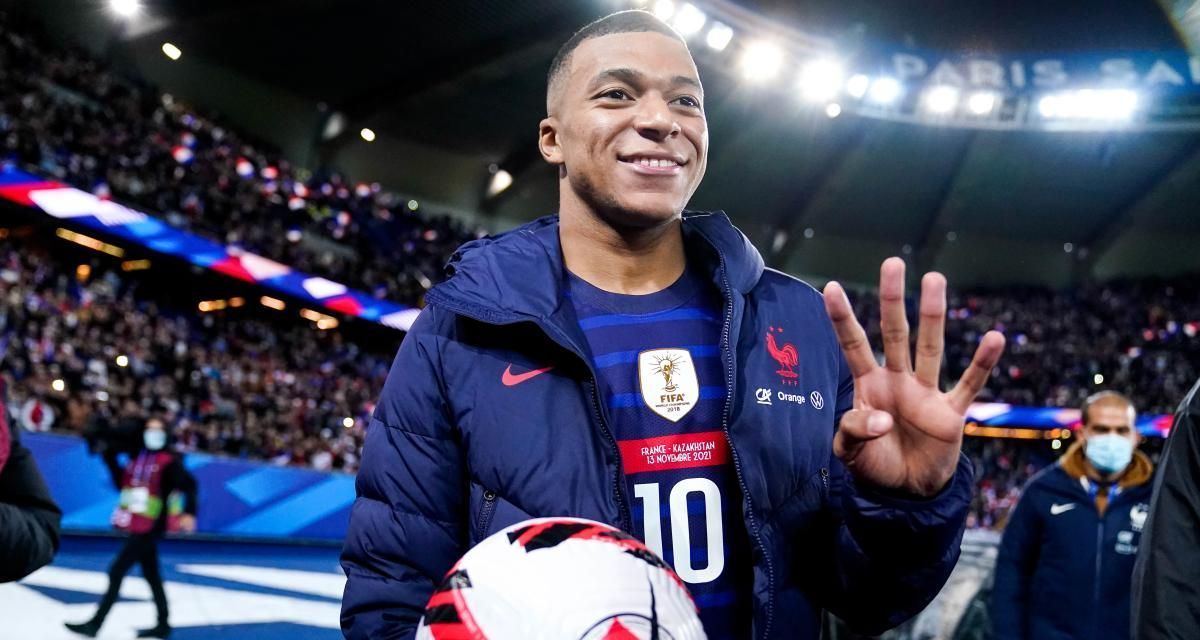 Kylian Mbappe with the matchball after his four goal performance against Kazakhstan