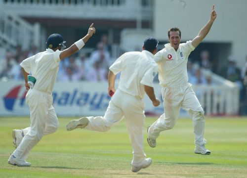 Michael Vaughan celebrates after dismissing Wasim Jaffer in the 2002 Lord’s Test. Pic: Getty Images