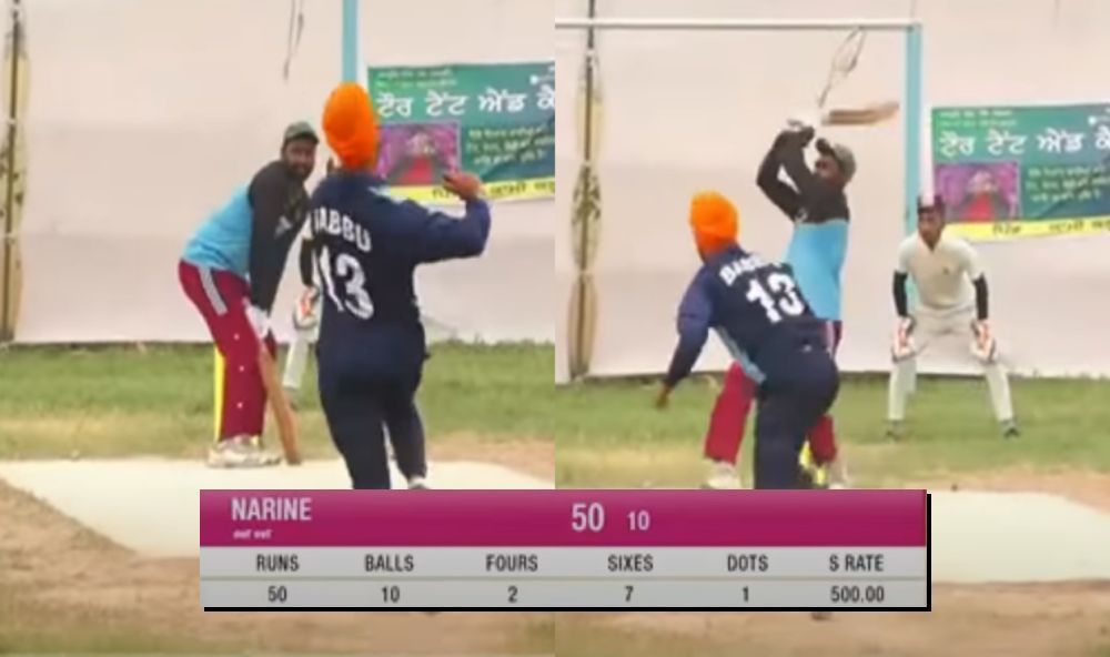 Ramesh Kumar a.k.a &#039;Narine Jalabadiya&#039; during his 10-ball 50. Pic: Punjab Sports Live/ YouTube
